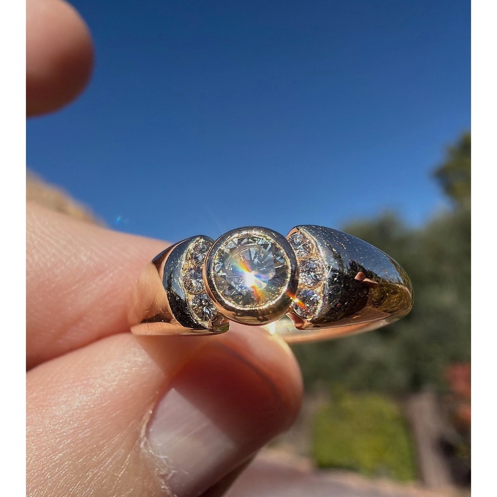Vintage 14k Solid Gold Natural Diamond Trilogy Ring Size 6.5 Bezel Center 0.28ct